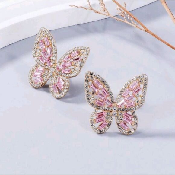 Pink Butterfly Rhinestone Earrings - Picture 2 of 3